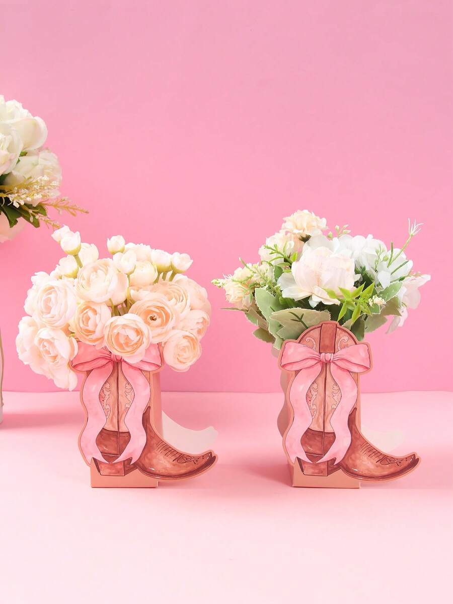 12pcs Pink Bow Denim Boots Flower Box, Wild West & Cowboy Birthday, Country Western Party Candy & Bouquet Holder Paper Box, Elegant Floral Centerpiece Decoration, Wedding Table Decor, Birthday Gift Box, Bachelorette Party Decor, Baby Shower Supplies, Gender Reveal Party Supplies, Girls Birthday DIY Party Gift Box, Bridal Shower, Baby Shower, Wedding Decor