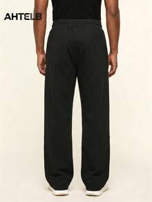 AHTELB Men's All-Season Drawstring Elastic Waist Casual Wide Leg Pants, Comfortable Fashionable Versatile Solid Color Straight Leg Trousers, Street Style Sports Casual Pants, Loose Drape Straight Leg Sweatpants, Suitable For Daily Commute, Casual Wear And Outdoor Running, Men's Clothing, Men's Pants, Men's Sportswear, Men's Gym Wear, Men's Sweatpants, For Friends, Husband, Boyfriend Gifts - Black - View 2