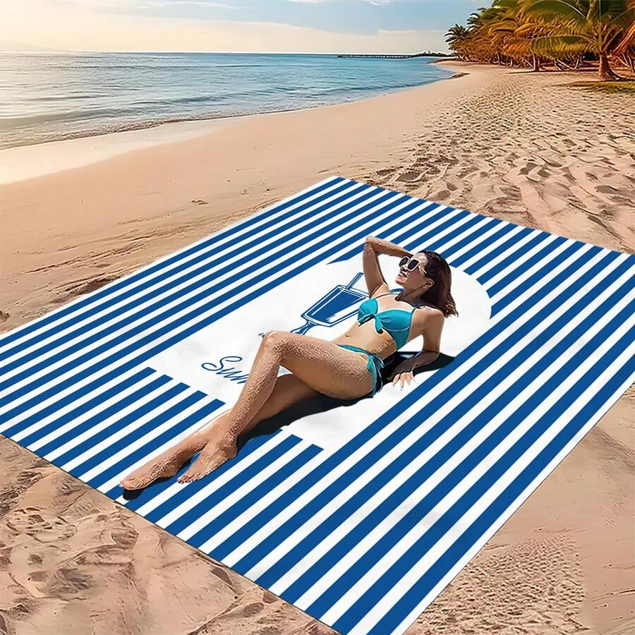 1pc Blue Line Wine Glass Patterned Beach Mat, Extra-Large Beach Mat, Lightweight And Durable. Ideal For Travel, Camping, And Picnics. Extra-Large Size For Adults. Highly Suitable For Beaches And Outdoor Adventures - Multicolor - View 1