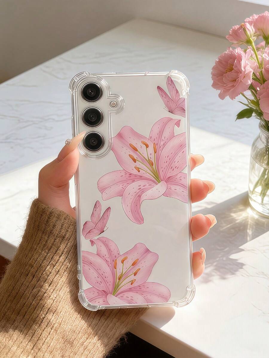 1pc Creative Pink Butterfly Pattern Transparent Four-Corner Shockproof Raised Screen Design Phone Case, Compatible With Google Pixel 9 Pro XL/Smart 8/Hot 40i/Spark 20/Spark 20C/Spark Go 2024/Moto G84/Honor X9b/Ace 3V/Galaxy S26 S25 S24Ultra S24Plus S24FE S23 S22 S21 S20 A73 A72 A70 A55 A54 A53 A52 A50 A30 A42 A35 A34 A33 A25 A24 A20 A30 A15 A56 A57 A16 A17 A07 - Clear - View 1