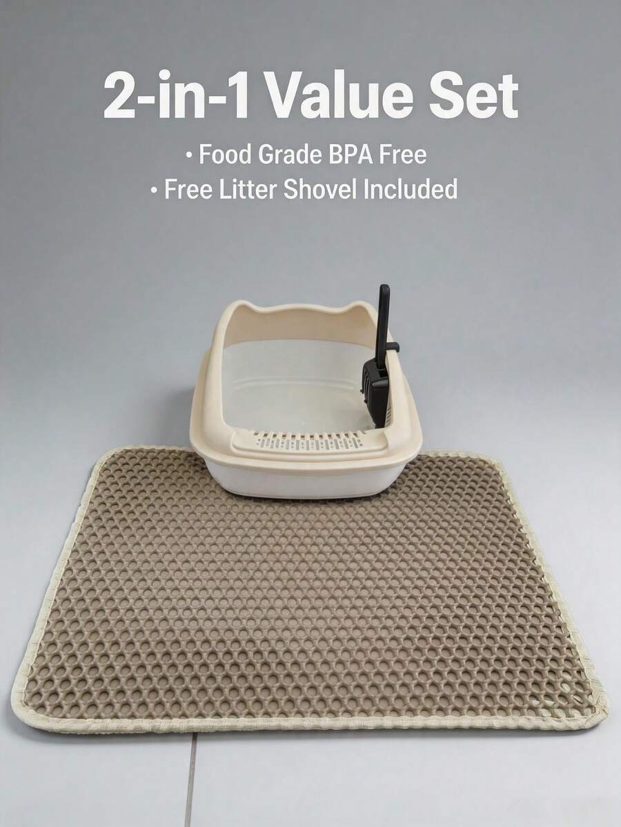 3-Piece Cat Litter Box Set With Anti-Scatter Mat, Large Semi-Enclosed Indoor Cat Litter Box, Includes Washable Honeycomb Mat And Cat Litter Scoop (Free Cat Litter Scoop) - Multicolor - View 1