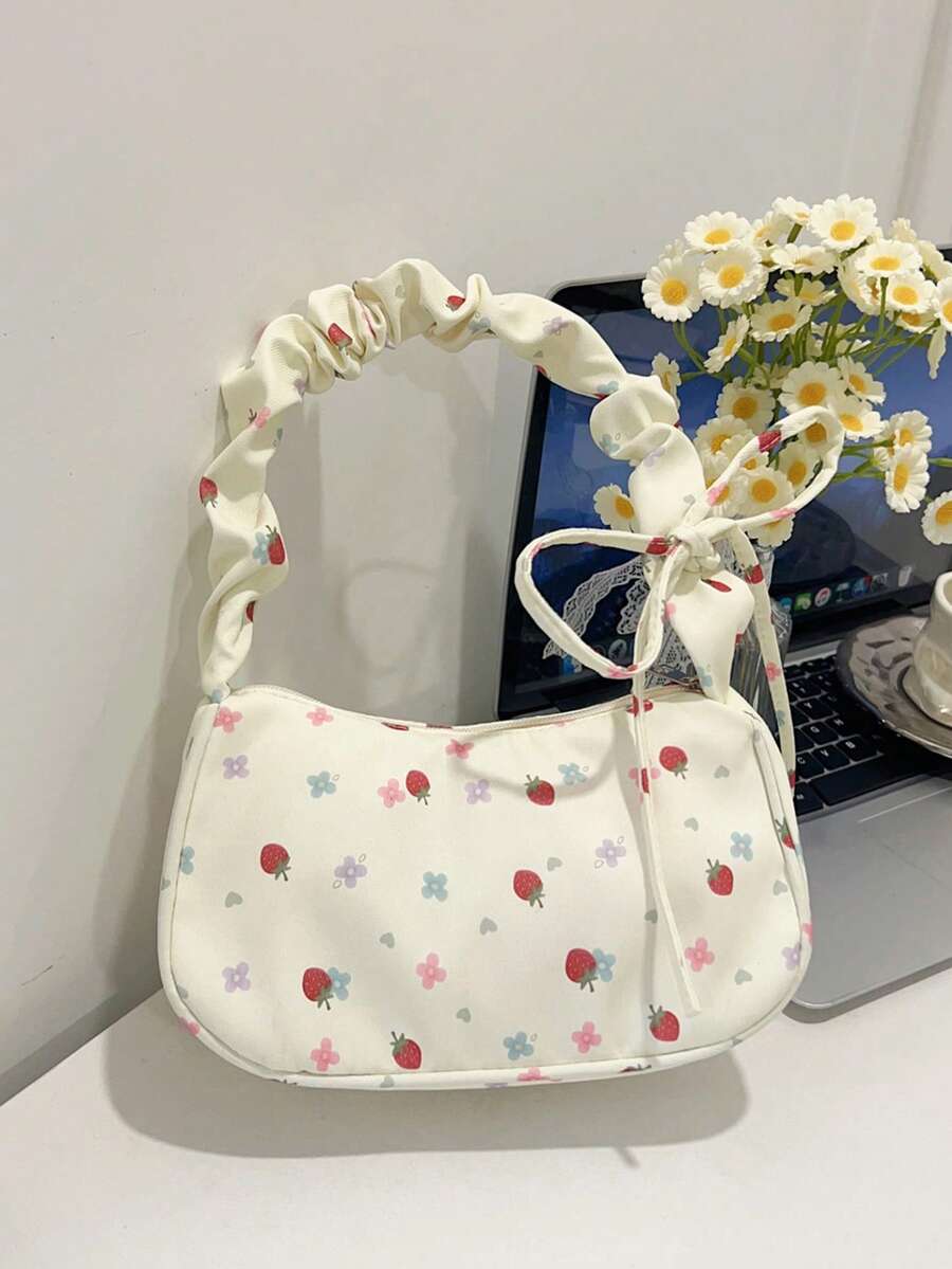 1 buah Tas Bahu Wanita Bahan Nilon Putih dengan Resleting Halus, Motif Cetak Stroberi, Tali Serut, Desain Modis, Serbaguna, Kasual, Musim Panas, Lintas Batas, Tas Bahu Niche Baru, Cocok untuk Penggunaan Sehari-hari Wanita - Putih - View 1
