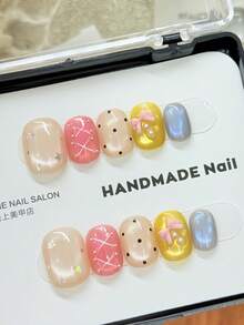 10PCS Luxury Multicolor Cat Eye Press On Nails, Handmade Short Square False Nails With 3D Bow, Holographic Star & Polka Dot Detail, Elegant Coquette Nail Tips, Reusable Cute Kawaii Nail Art - Multicolor - View 10