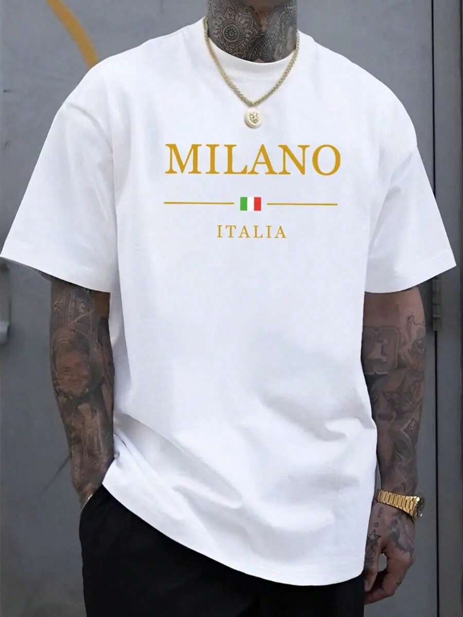 T-shirt in cotone da uomo taglie forti MILANO ITALIA, T-shirt estiva casual comoda con design tatuaggio catena dorata - Stil1 - Übersicht 1