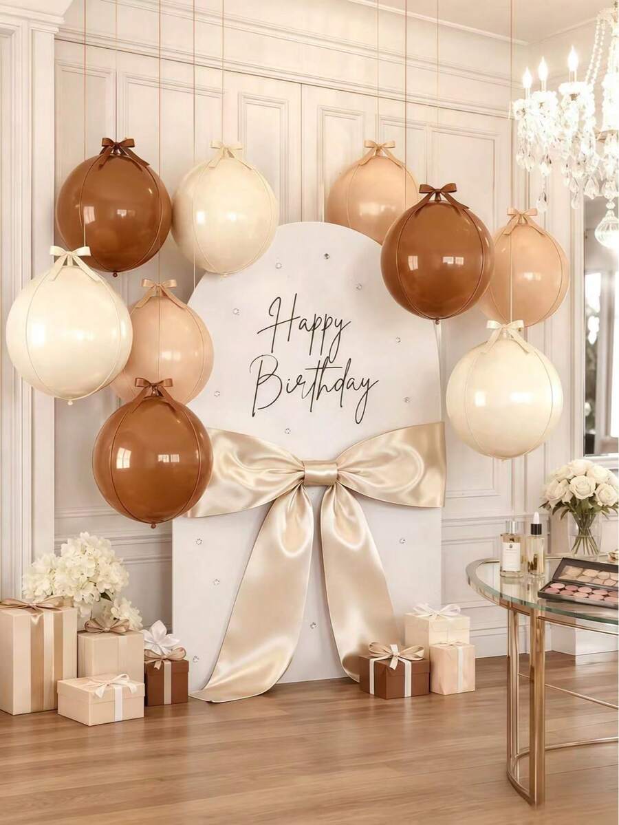 27pcs Bohemian Neutral Color 4D Foil Balloon Set, Cream Beige Khaki Giant Round Foil Balloons With Satin Ribbon, 22 Inch Ceiling Decoration, Suitable For Anniversary Birthday Wedding Holiday Party Decor - Multicolor - View 1