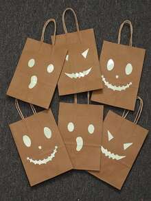 6pcs/Set Halloween Fluorescent Kraft Paper Gift Bags, Pumpkin Face Kraft Paper Bags, Trick Or Treat Bags - Multicolor - View 9