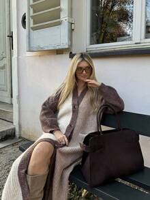 Women's V-Neck Contrast Color Single-Breasted Ribbed Pocket Long Sleeve Knit Long Coat, Casual Fashion Versatile Autumn/Winter Streetwear Modern Style, Daily Wear - Multicolor - View 6