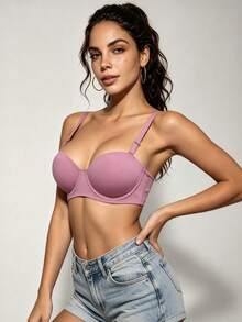 1pc Women's Comfortable Soft Cotton Wireless Half-Cup Push-Up Bra, Suitable For Small Bust - Lilac Purple - View 5