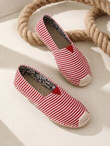 Men's Canvas Espadrilles Slip On Striped Beach Loafers Summer Casual Shoes - Red - View 4