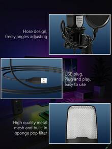 USB RGB Condenser Noise-Canceling Wired Gaming Microphone, Suitable For Podcast, Recording Studio, Live Streaming, Laptop, Desktop Computer - 查看 10