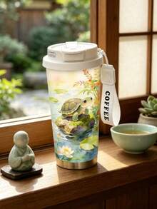1个/5个 500毫升 水彩龟荷塘印花保温咖啡杯，带翻盖和“COFFEE”提手，304不锈钢防漏旅行杯，冷热饮皆宜，完美的爬行动物爱好者礼物。 - 多色-小烏龜 - 查看 2