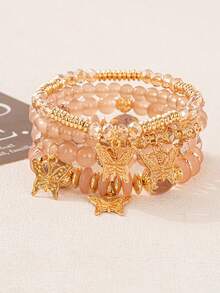 4 piezas/Set Pulsera de cuerda elástica con cuentas y colgante de mariposa de aleación estilo bohemio multicapa Temporada de regreso a la escuela - Multicolor - Ver 24