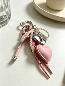Y2K Heart Mirror Keychain, Pink PU Leather & Pearl Bag Charm, Aesthetic Car Key Pendant, Preppy Style Accessory - Pink - View 3