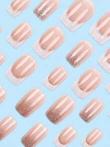 24pcs Short Coffin Shape Glitter Gradient Press-On Nails With White French Tip Acrylic Nail Tips, Includes Jelly Glue And Nail File, Suitable For Parties, Events, Daily Wear. Suitable For Women And Girls. Includes Nail Art Tools. Shapeable Nail Art Set - Multicolor - View 3