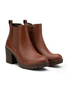Women's Chunky Low Heel Chelsea Ankle Booties, Fashion Platform Fall Boots With Side Elastic Panels - Rust Brown - View 7