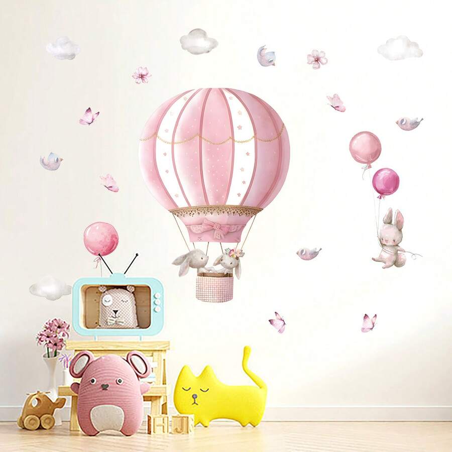 Pink Hot Air Balloon Self-Adhesive Wall Sticker Cartoon Rabbit Children Bedroom Room Kindergarten Decoration Sticker - 30*60cm*2PCS - View 1