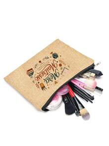 Bolsa de maquillaje impresa para maestros – Diseño "Merci Maîtresse" (Gracias, maestra), con libros, manzanas y plumas estilográficas – Bolsa de almacenamiento lavable - Ver 2