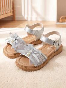 Hot Selling Style - 3-12 Years Old Girls Silver Sandals. Mesh Design With Double Bows And Rhinestone Pearls. Vintage Fairy Style. - Silver - View 2