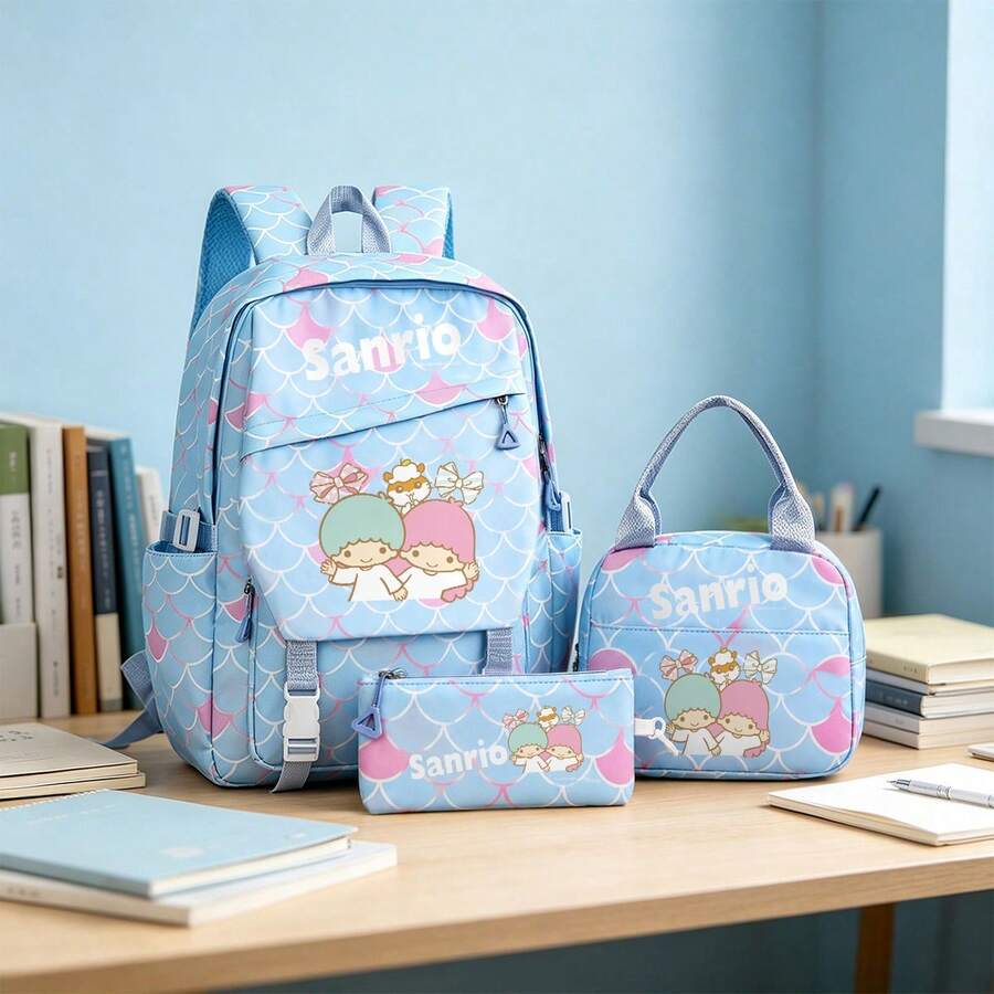 Miniso Sanrio Little Twin Stars 3件組帆布後背包套裝 可愛鱗片印花學生包組合 - 藍色 - 查看 1