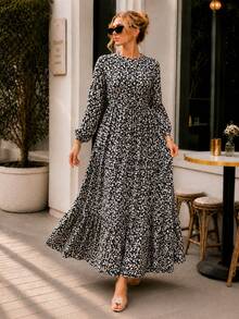 Women's A-Line Floral Maxi Dress with Long Sleeves - 黑色 - 查看 9