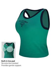 Leorrey One PC Women's Sweet Color Block Sleeveless Round Neck Ribbed Letter Print Running Fitness Exercise Sports Vest (For Running, Tennis, Badminton) - Green - View 1