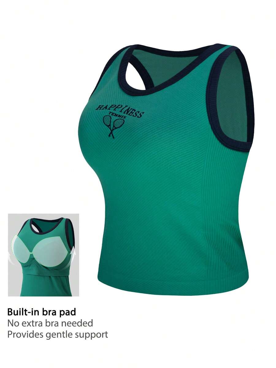 Leorrey One PC Women's Sweet Color Block Sleeveless Round Neck Ribbed Letter Print Running Fitness Exercise Sports Vest (For Running, Tennis, Badminton) - Green - View 1