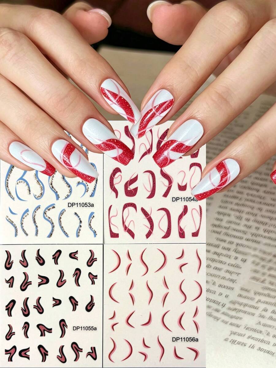 Tiebeauty 4pcs Double Line Ribbon Nail Sticker Set, Double Layer Glitter Curved Ribbon Craft, Suitable For Commuter Nude Nails, Y2K Sweet Cool Baddie, Gentle Minimalist Sexy Wedding Nails, Asymmetrical French Press-On Nails