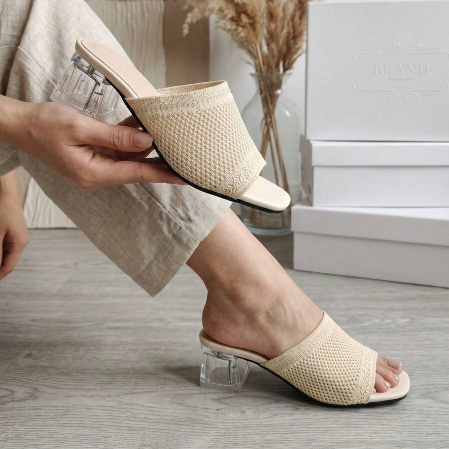 Sandalias de verano casuales y versátiles para uso diario y exterior, de tela de malla transpirable, punta cuadrada, tacón grueso y transparente - Beis - Ver 1