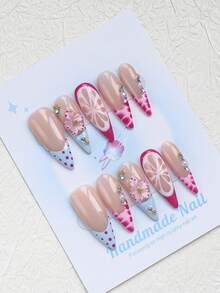 10PCS-Handmade Press On Nails, Long Pointed Shape, Fake Nails, Y2K Style, Sturdy And Durable, Reusable, Rose Red, With French Style, 3D Design, Suitable For Daily Wear, Parties, Vacations, And Also The Best Holiday Gift For Girls And Women. - Multicolor - View 3