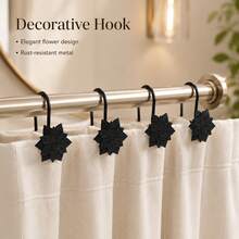 12pcs Black Double Layer Flower Shower Curtain Hooks Metal Curtain Hooks Waterproof Rust-Proof - Black - View 2