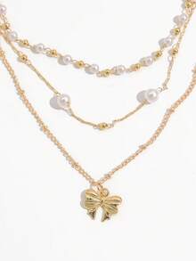 3PCS Ins Style Bowknot Layered Necklace Set, Gold Bead Round Bead Faux Pearl Thin Chain Metal Bowknot Necklace Set For Women - Gold - View 2