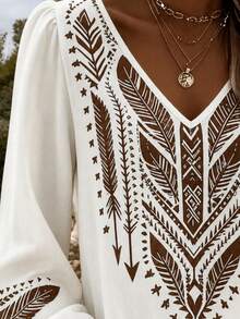 Women's Bohemian Print V-Neck Long Sleeve Blouse, Regular Fit Woven Fabric Top, Suitable For Autumn Wear - White - View 4