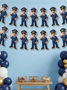 6/12/18pc Custom Photo Pilot Uniform Banner Garland, Personalized Boys Aviation Birthday Face Cutout Bunting, Blue Gold Airplane Themed Party Decor, Kids Birthday Photo Booth Prop,1st Birthday,Aviation Themed Baby Shower,Birthday Gift,Party Supplies - Multicolor - View 7