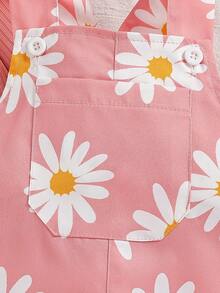 Baby Girl 2 Pieces Sweet Outfit, Ribbed Knit Ruffle Long Sleeve Top And Daisy Floral Print Adjustable Strap Overalls, Toddler Daily Wear Set, Comfortable Outfit - Pink - View 8