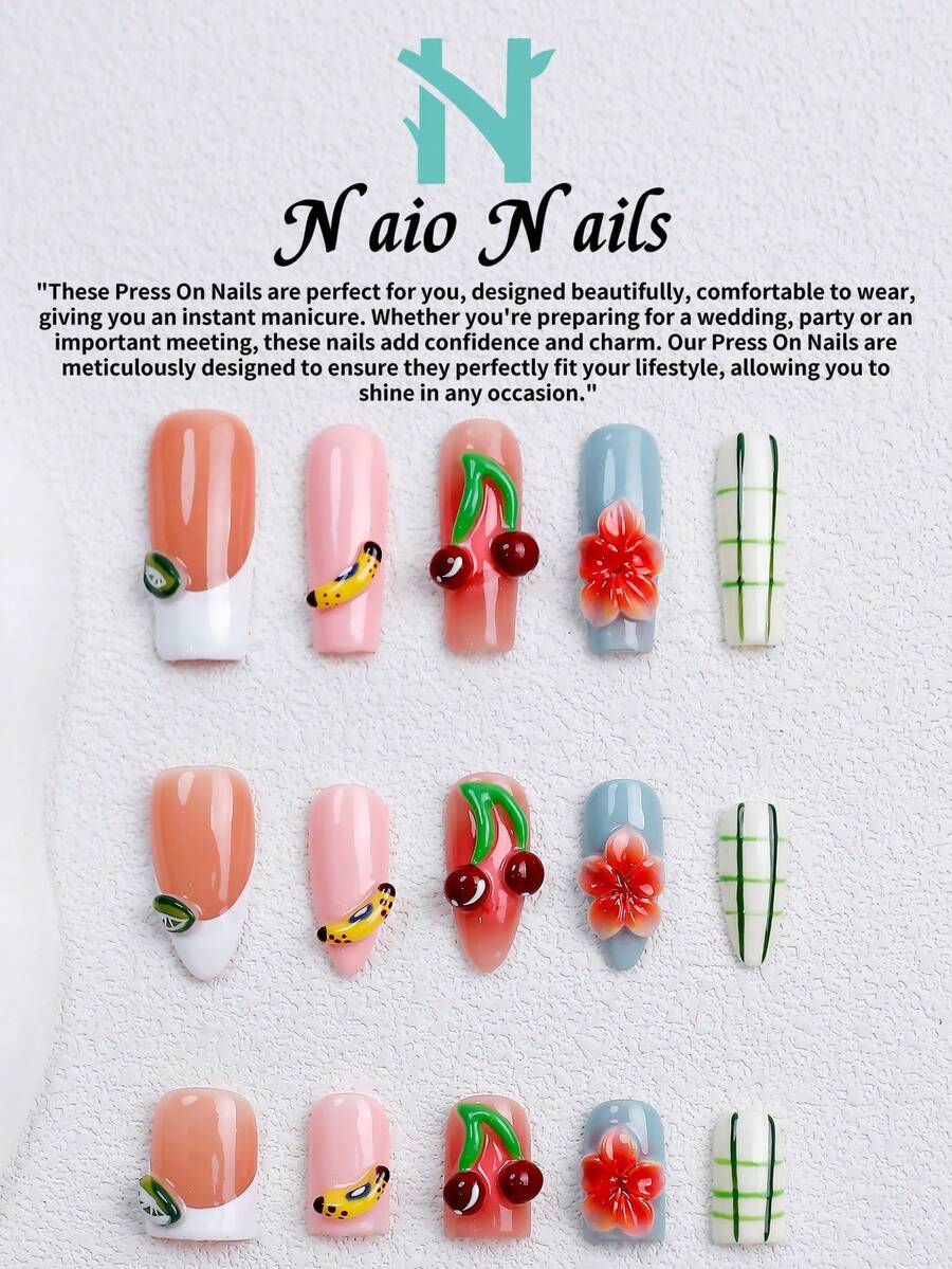 NAIO 10片/組手工穿戴甲,3種尺寸:棺材形/杏仁形/短方型,Y2K可愛風,彩色水果與花卉美甲,附3D櫻桃、香蕉與奇異果設計,格紋印花點綴,適合女性與女孩,日常使用與派對,送給女士的絕佳禮物 - 彩色 - 查看 1