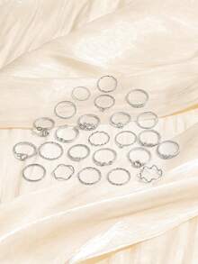 25PCS INS Style Rhinestone Heart Twisted Asymmetrical Thin Ring Set, Heart Rhinestone Braided Wave Rings For Women - Silver - View 3
