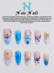 NAIO 10Pcs/Set Handmade Press On Nails, 3 Sizes: Coffin/Almond/Short Square, Y2K Summer Beach Style, Nude & Blue Ombre French Nails, 3D Floral, Water Drop & Starfish Design, Rhinestone Accents, For Women & Girls, Party Daily Wear For Ladies, Nail Supplies - Multicolor - View 16