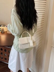 女款方形手提包，雙色格紋拼接設計，時尚優雅簡約，白色斜背包 - 白色 - 查看 5