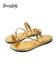 Breezelady Women's Gold Metallic Toe Ring Flat Sandals, Open-Toe Strappy Slides With Ankle Buckle, Glamorous Summer Style For Beach & Events. - 金色 - 查看 2