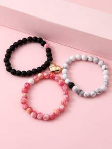 Heart Connecting Beaded Bracelet Pack, Marble Pattern Natural Stone Bead Elastic Wristbands, Best Matching Friendship Jewelry For 3 Friends - Multicolor - View 7