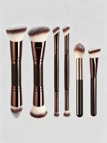 6pcs/4pcs/3pcs/2pcs Makeup Tool Set, Includes 4 Professional Dual-Ended Makeup Brushes + 2 Blush And Contour Brushes, Contains Soft Fiber Tools, Portable Concealer Brush, Eyeshadow Brush, Blending Brush, Eyebrow Brush, Travel Makeup Brush Set, Product Uses Ultra-Soft, Skin-Friendly Synthetic Bristles, No Animal Testing, Suitable For Women And Girls, Perfect For Summer, Fits Y2K Fashion . - Coffee Brown - View 1