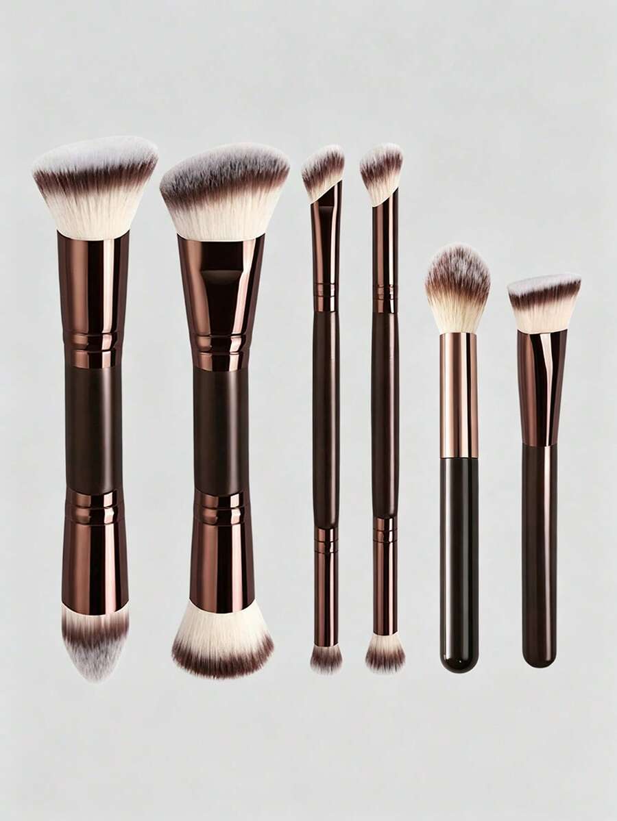 6pcs/4pcs/3pcs/2pcs Makeup Tool Set, Includes 4 Professional Dual-Ended Makeup Brushes + 2 Blush And Contour Brushes, Contains Soft Fiber Tools, Portable Concealer Brush, Eyeshadow Brush, Blending Brush, Eyebrow Brush, Travel Makeup Brush Set, Product Uses Ultra-Soft, Skin-Friendly Synthetic Bristles, No Animal Testing, Suitable For Women And Girls, Perfect For Summer, Fits Y2K Fashion . - Coffee Brown - View 1