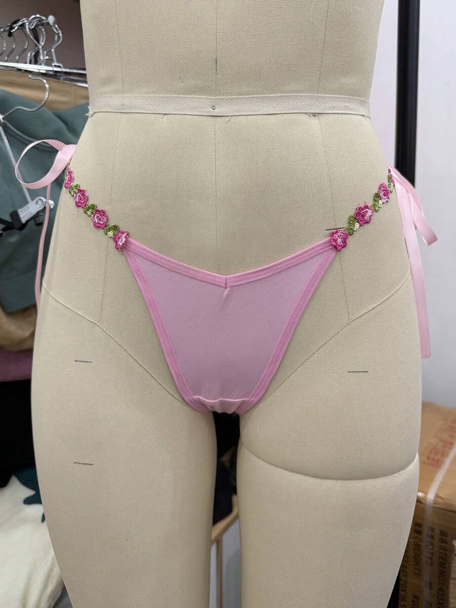 浪漫粉色花卉刺繡側綁式丁字褲,甜美少女風低腰性感舒適女款丁字褲 - 粉色 - 查看 1