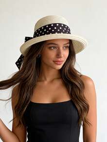 1pc Women's Summer Minimalist Vintage Polka Dot Bow Ribbon Rolled Brim Outdoor Sun Protection Straw Hat, Summer Hot-Selling New Fashion Easy-To-Care-For Face-Slimming Outdoor Sun Protection Beach Straw Hat, Comfortable Casual Suitable For Outings, Gatherings, Shopping, Travel, Vacation And Other Occasions - Multicolor - View 13