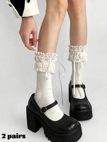 1/2 Paar Damen-Socken im japanischen Stil mit süßem Spitzenbesatz, einfarbige Slouch-Socken mit Schleife, mittelhoch, geeignet für Frühling, Sommer, Herbst, Winter, Dating, Reisen - Weiss - Übersicht 8
