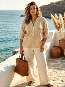 Top holgado informal con detalles bordados para mujer de talla grande, primavera/verano - Albaricoque - Ver 2