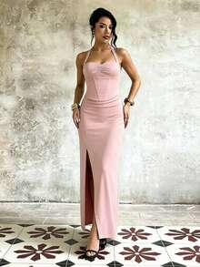 Summer Dress, Women's Sexy And Elegant Party Evening Dress, Waisted Beach Dress, Vacation, Wedding, Dinner, Festival - Pink - View 3