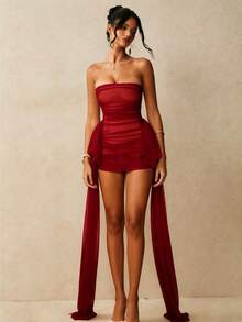 Dresses For Women Summer Clothes Prom Dresses Red Tube Top Skirt Waist Ribbon Sexy Bag Hip Skirt Is Suitable For Holiday Party Stage To Wear. - 酒紅色 - 查看 4