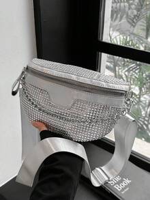 Fashionable Casual Rhinestone Studded Women's Waist Bag Sports Style Small Backpack Chain Strap Chest Bag - Silver - View 1