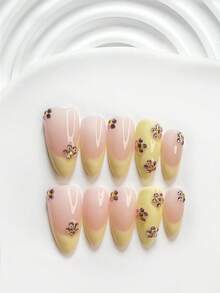 10片甜美風手工穿戴甲，Polygel美甲套組，粉色與黃色水鑽花卉設計，黃色指甲油，春季風格，附美甲工具，3種尺寸可選，方型、短方型、杏仁型，適合派對、舞蹈、日常配戴 - 彩色 - 查看 3